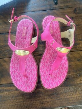 Michael Kors Hot Pink Logo Thong Sandals with Gold Accents
